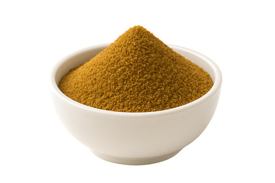 Ground cumin spice in ceramic bowl heaped with rich golden brown powder flavor aroma seasoning perfect for ethnic cooking isolated on transparent background
