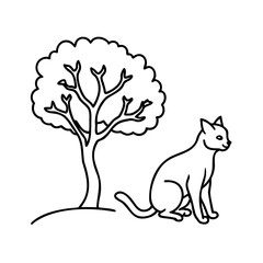 Cat And Tree Sketch, Simple Line Art Animal Illustration