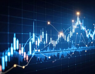 Dynamic Financial Chart Candlestick Pattern with Rising Trend on Blue Grid Background.