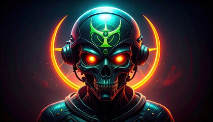 A futuristic, glowing skull robot head, with glowing eyes and neon accents, set against a dark background.
