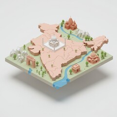 3D isometric map of India with cultural and historical landmarks