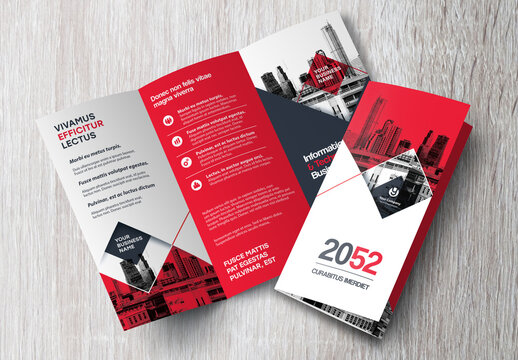 Corporate brochure design template &ndash; Professional modern tri-fold leaflet with geometric layout and business theme in Red and Black.