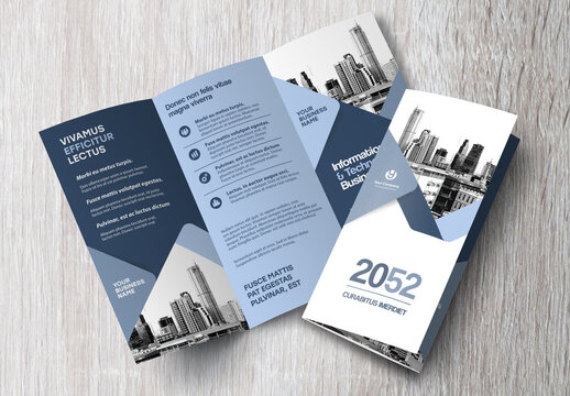 Corporate brochure design template &ndash; Professional modern tri-fold leaflet with geometric layout and business theme in Blue and Black.