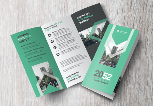 Corporate brochure design template &ndash; Professional modern tri-fold leaflet with geometric layout and business theme in Green and Black.