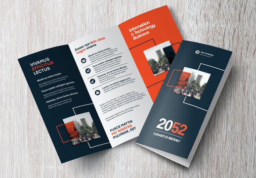 Corporate brochure design template &ndash; Professional modern tri-fold leaflet with geometric layout and business theme in Red and Black.