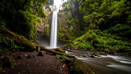 Lush waterfall cascading through a dense rainforest (1)