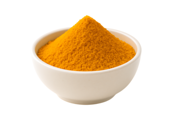 Turmeric powder spice in ceramic bowl with bright golden yellow ground texture herbal culinary ingredient used in cooking and health remedies isolated on transparent background