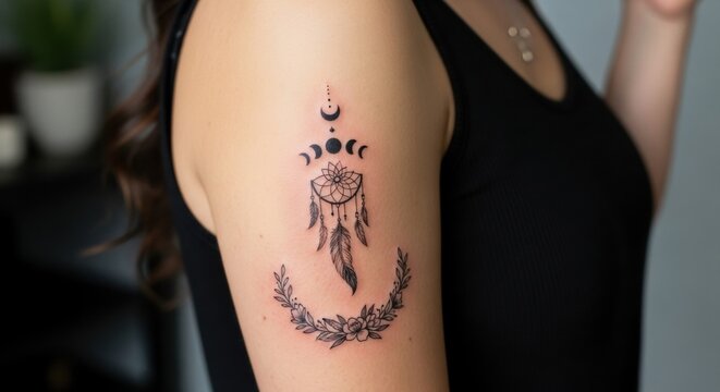 Young asian female with dreamcatcher tattoo on upper arm