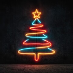 Colorful neon Christmas tree glowing on a dark wall during the holiday season
