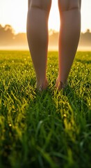 Barefoot Serenity DewKissed Grass at Sunrise Golden Light.