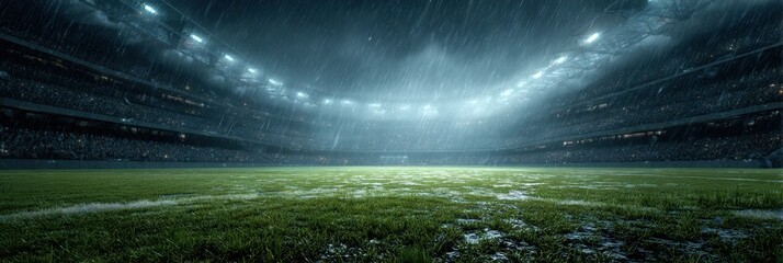 Heavy rain conditions disrupt the football match at a stadium in the evening
