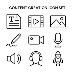 Media content creation vector icons. Outline symbols. Line design