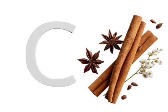 A capital letter "C" in white, set against a backdrop of warm spices.  Cinnamon sticks, star anise, and small white flowers are arranged around and below the letter - Powered by Adobe