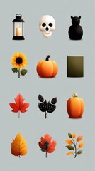 Fall-themed illustration featuring pumpkins, leaves, and Halloween elements in a cozy design