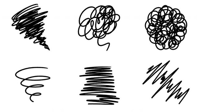 Animated hand-drawn tangled line icons with white background and transparent background.