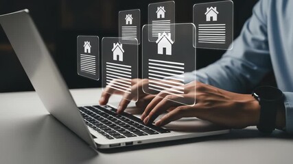 Real Estate Agent Typing on Laptop: Online Property Listings, Home Buying & Selling, Virtual House Tours, Digital Real Estate Documents, Realtor Marketing