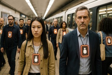 People in a subway wearing identification badges during transit.