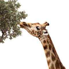 Naklejka premium A giraffe stretches its long neck to eat leaves from a tree on transparent background