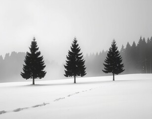 Foggy Forest Silhouette in Grayscale Minimal Style