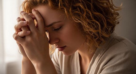 Obraz premium Melancholic Musings: A person with auburn curls, closes their eyes, lost in thought and serenity, their hands clasped in a gesture of contemplative reflection.