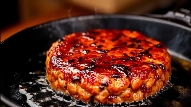 Thick patty burger sizzling in a cast iron skillet, the Overly hot fire causing oil splatters, char marks showing it has already been grilled, and the beef fat bubbling until the meat turns charred.