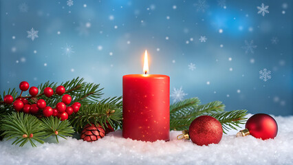 Red christmas candle with ornaments and snow background for holiday decoration and christmas celebration