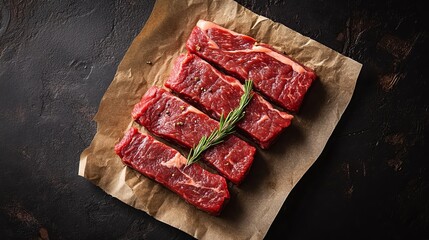 Freshly cut beef steaks on brown paper with rosemary garnish ready for cooking
