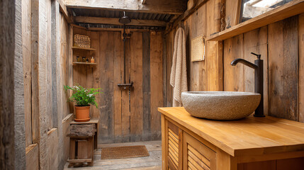 A cozy, rustic bathroom featuring wooden walls, a stone sink, and natural elements that enhance relaxation and comfort.