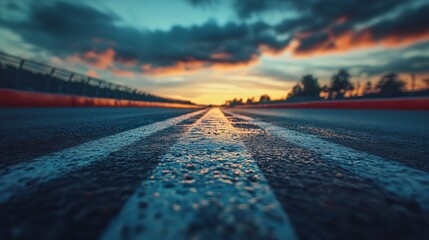 Wide road stretches into the sunset with clouds reflecting vibrant colors near a race track