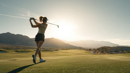 A woman golfer taking a powerful swing on a scenic golf course at sunset.