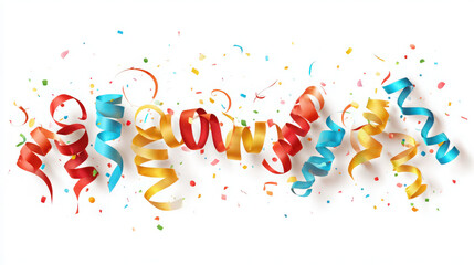 Colorful streamers and confetti create a vibrant and celebratory design on white
