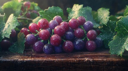 Fresh red and purple grapes with dewdrops on rustic wood in spring