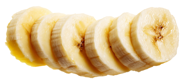 Sliced bananas highlight their creamy texture and natural sweetness against a stark transparent background
