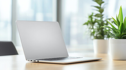 A modern laptop on a wooden desk next to potted plants, perfect for showcasing a stylish workspace environment.