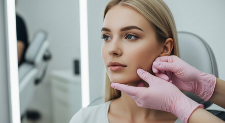 Contemplation in a Clinic: A young woman undergoes a cosmetic procedure consultation, the doctor gently examines her face, a moment of quiet contemplation before a beauty enhancement.