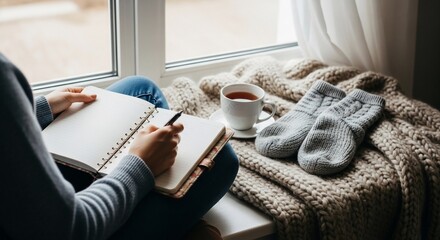 Cozy winter scene: woman writing in a journal by the window with tea and socks