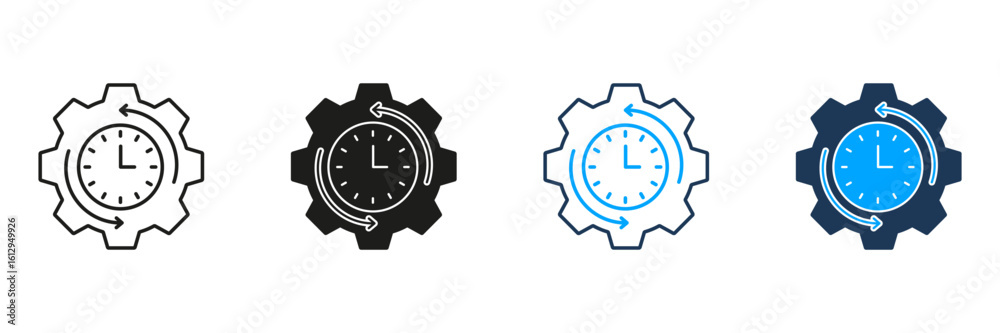 Poster clock and gear line and solid icon set. time management, efficiency, and process optimization symbol
