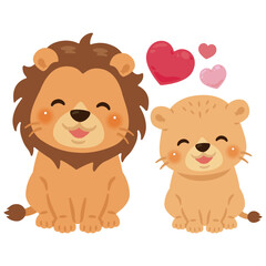 お座りした笑顔のライオンの親子イラスト