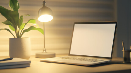 A serene workspace featuring a laptop, lamp, and potted plant, ideal for creative work and relaxation.
