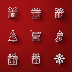 Holiday-themed decorations with presents, a Christmas tree, and festive icons on a red background
