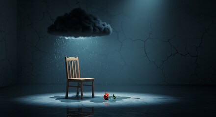 Lonely Chair in Rain Under Storm Cloud