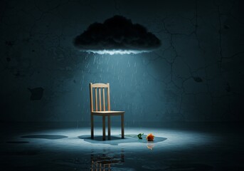 Lonely Chair in Rain Under Storm Cloud
