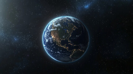 Fototapeta premium Earth at night seen from space showing city lights and starry backdrop
