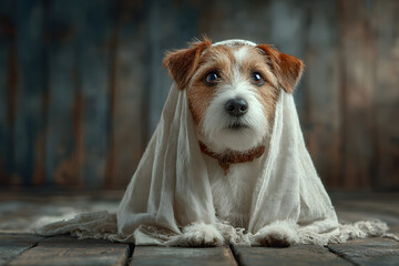 funny dog in ghost costume posing for Halloween