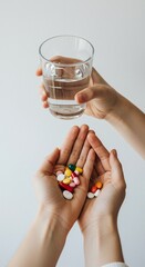 Hands Holding Colorful Pills and Glass of Water on White Background.