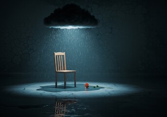 Lonely Chair in Rain Under Storm Cloud