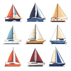 Collection of colorful sailboats displayed in a grid pattern showcasing different styles and sails on a white background