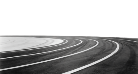A curved asphalt race track with white lines on a transparent background symbolizing speed