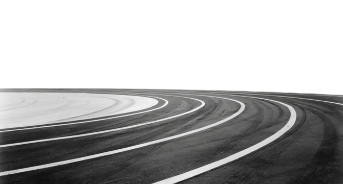 A curved asphalt race track with white lines on a transparent background symbolizing speed