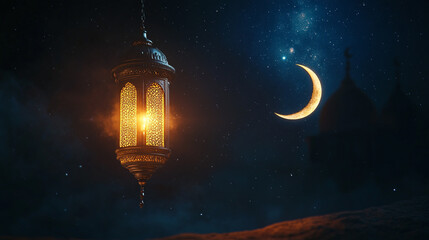 Fototapeta premium Illuminated lantern hanging under a crescent moon and starry night sky